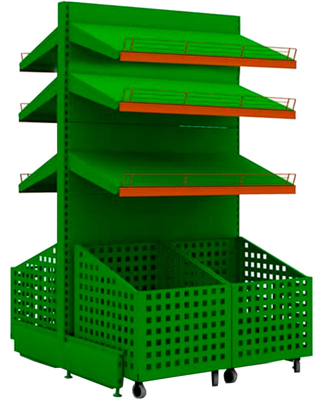 Островной стеллаж для овощей с подкатными корзинами