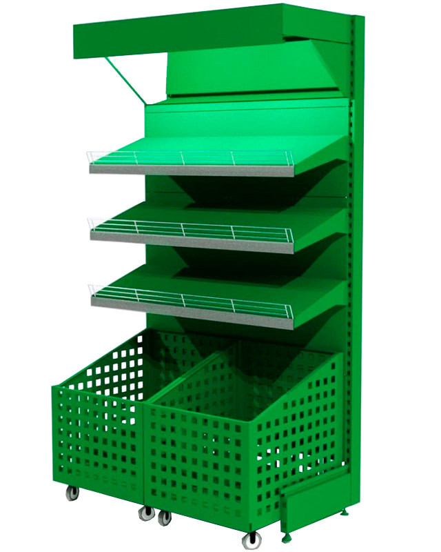 Овощной стеллаж с выкатными корзинами и зеркальным фризом с подсветкой